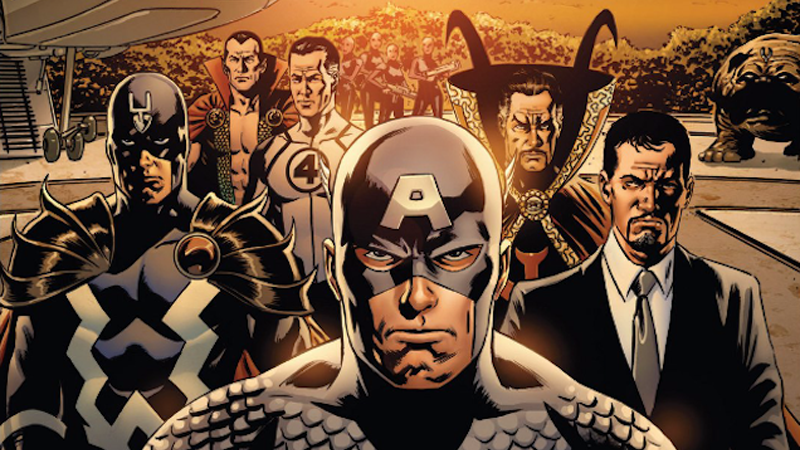 The Illuminati and Captain America at the end of New Avengers #1.